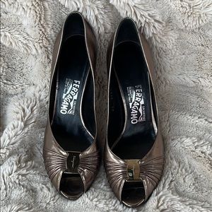 Salvatore Ferragamo peep toe pumps in metallic pewter